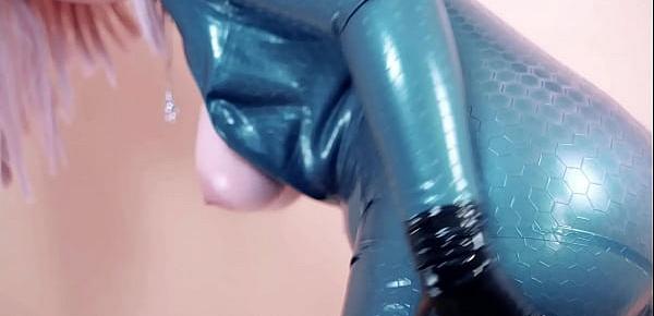 trendssexy Arya Grander wearing shiny latex clothing and seduce by rubber fetish catsuit for pleasure